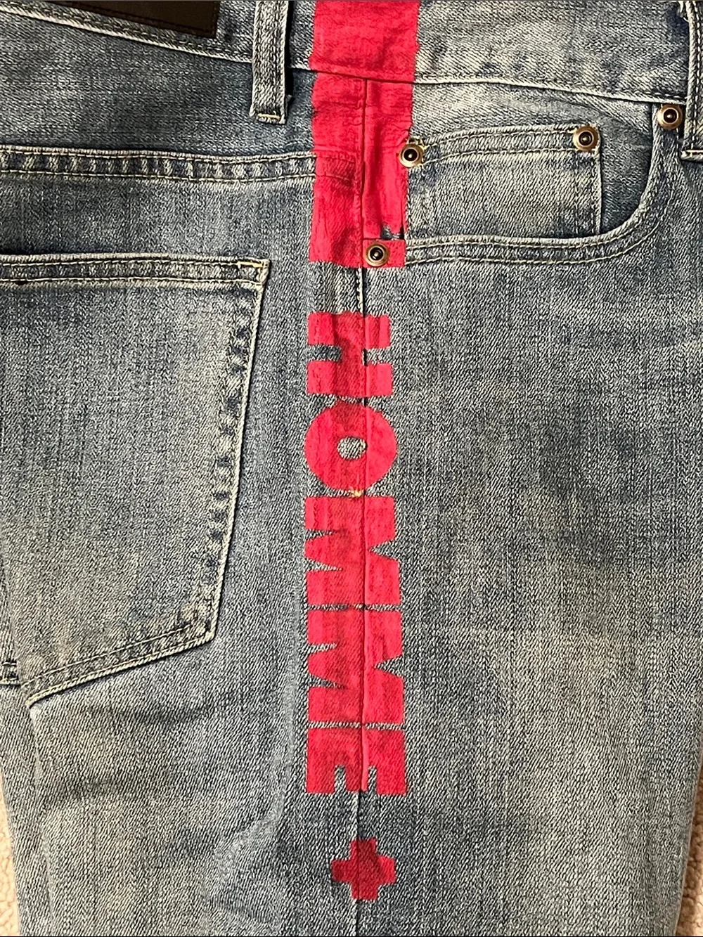 Homme + Femme Distressed Lettering in Paint Jeans
